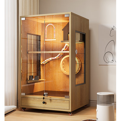 Minimalist Light Wood Glass Bird Aviary, Tall Vertical Transparent Parrot House with Pull-Out Drawer Cleaning Tray