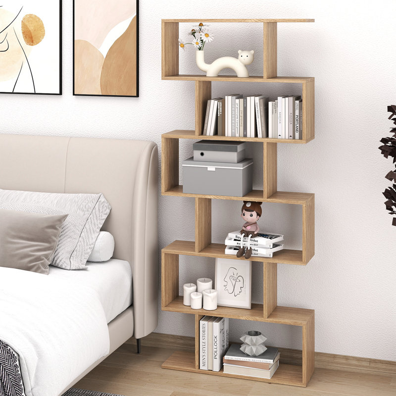 Bookcase Free Standing S-Shaped Style Bookshelf Multifunctional Decorative Shelving W/ Anti-Tipping Device, Yellow