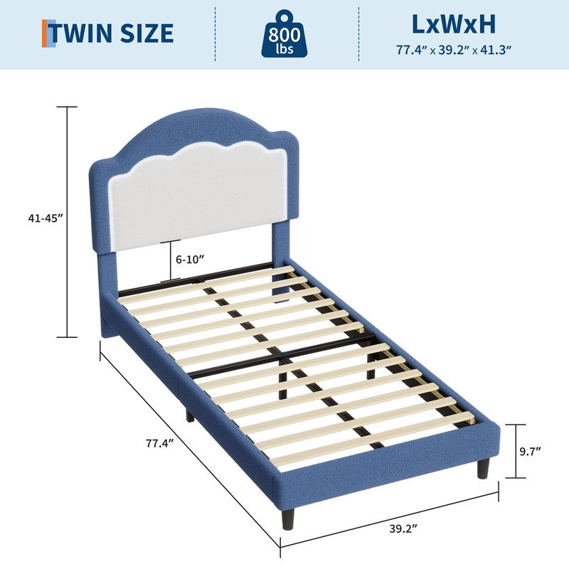 Base de lit réglable pour tête de lit pour enfant, taille simple - Revêtement en molleton Sherpa - Support en lattes de bois - Capacité de 750 lb - Aucun sommier requis - Assemblage facile