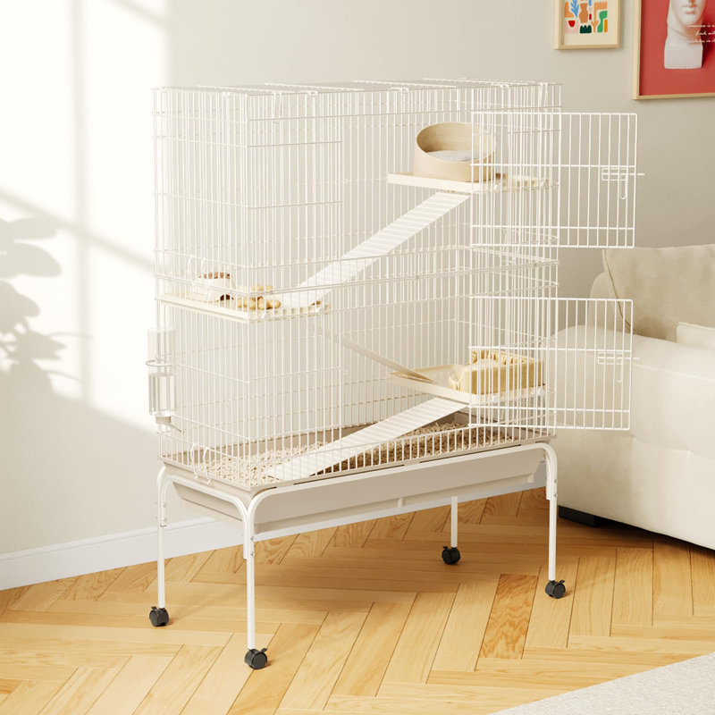 Cage 55 po à 4 niveaux pour petits animaux en métal avec roulettes - plateformes, rampes, bouteille d'eau et bol à nourriture