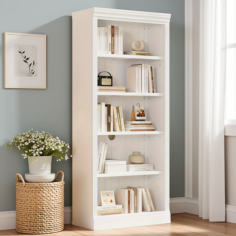 83.4" Tall Wood Bookcase With Light Strip, White, 83.4"H x 35.83"W x 15.35"D