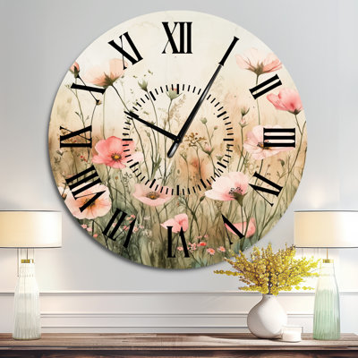 Blush Poppy Field Whisper II - Green Floral Silent Round Metal Wall Clock