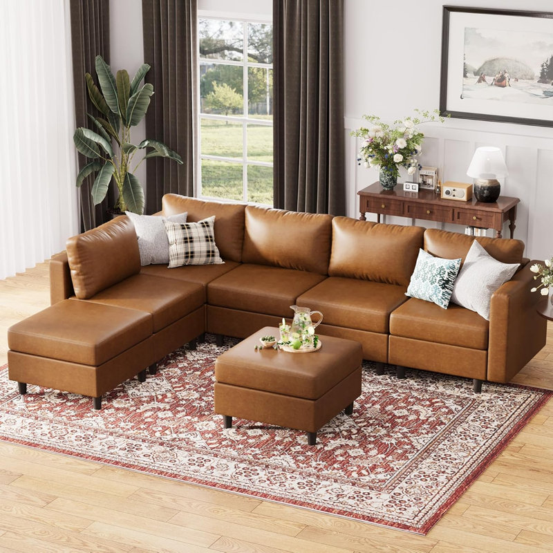 Caynemore 7-Piece 118.5'' Reversible Modern L-Shape Sectional Sofa With Storage Seat- Faux Leather-Brown, Brown Faux Leather