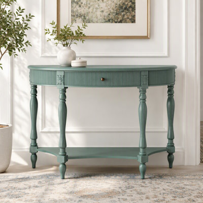 Solid Wood Half Moon Console Table with Drawer & Shelf, Fluted Vintage Curved Entryway Table for Hallway Living Room Foyer, Narrow Space Sofa Table with Roman Column Carved Legs