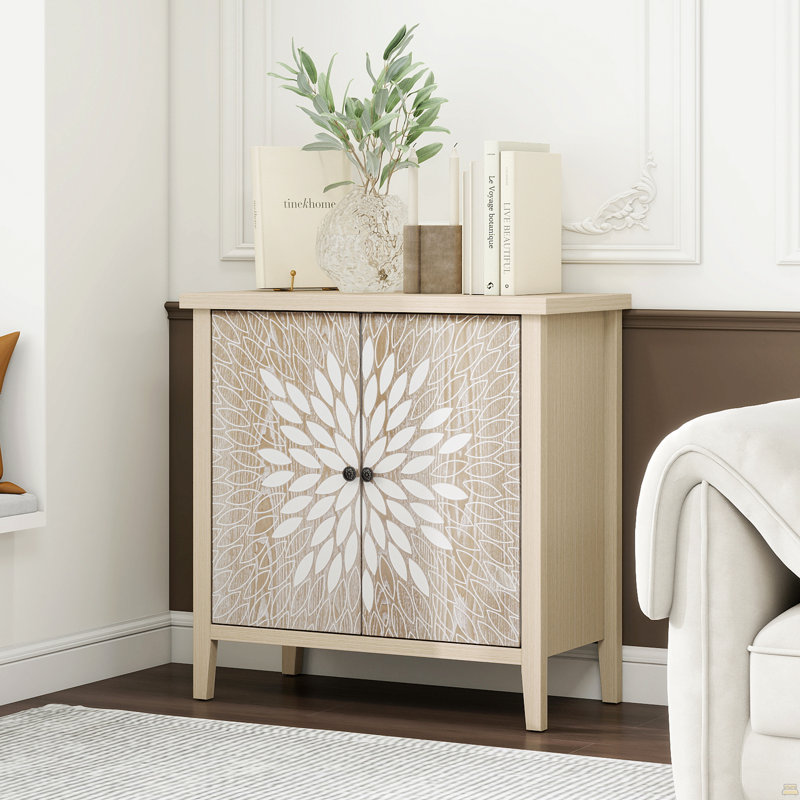 2-Door Carved Storage Cabinet With Adjustable Shelf, Natural