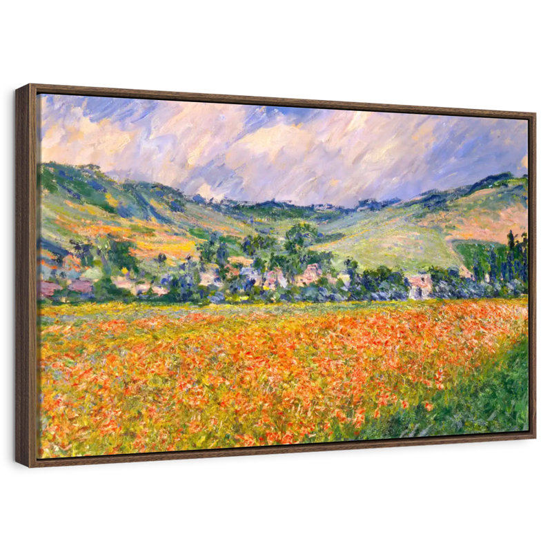 Champ de coquelicots dans un creux près de Giverny, 46 po x 31 po, Cadre flottant noyer