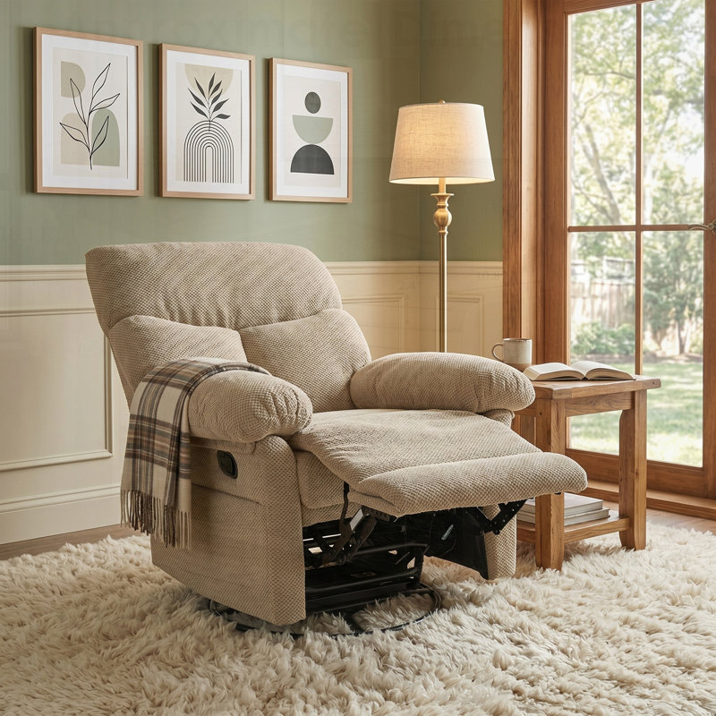Fauteuil inclinable, pivotant, moderne et rembourré avec tissu texturé pour salon et chambre de bébé, Tissu chameau