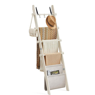 Blanket Ladder For Living Room, 5-Tier Wooden Ladder Shelf, Decorative Farmhouse Blanket Rack With Synthetic Leather Bag, Metal Hooks, Side Hooks, For Bedroom
