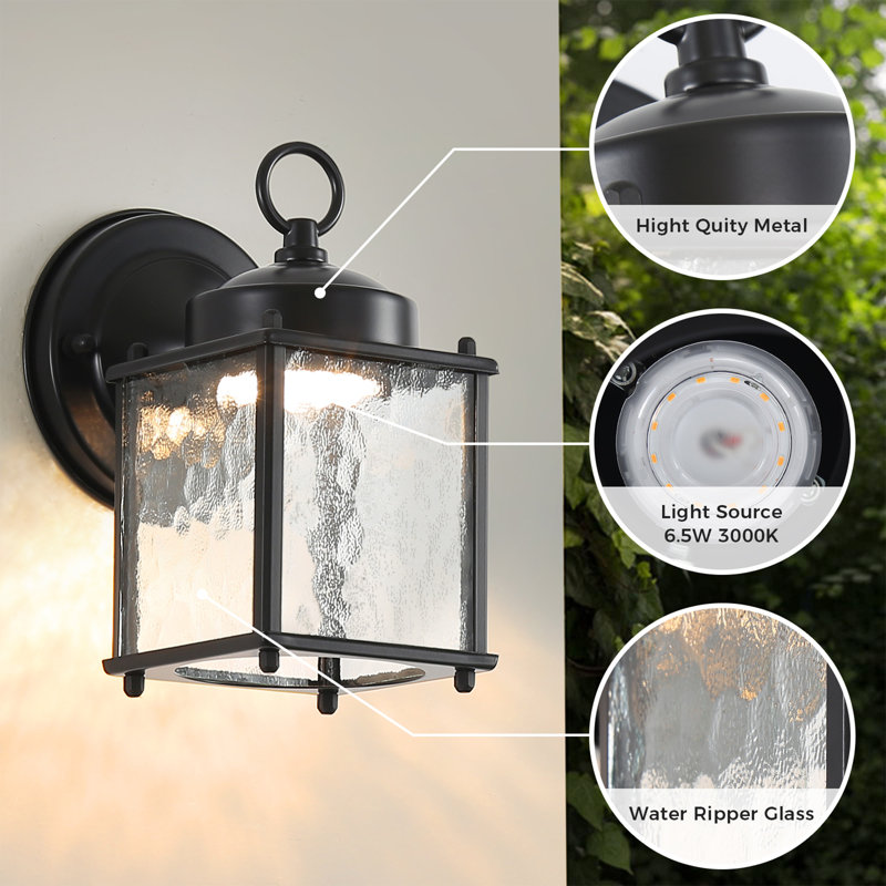 Applique murale d'extérieur noire durable avec abat-jour en verre transparent