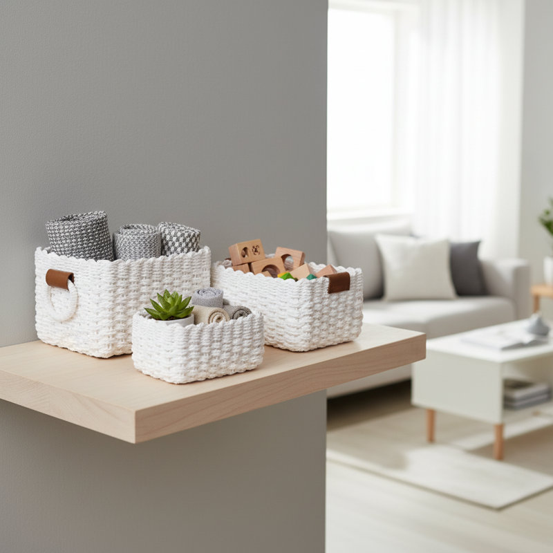 White Recycled Paper Rope Woven Storage Basket 3-Pack, For Tissue Towel Cabinet Drawer Closet Divider, White