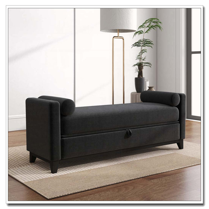 Banc rembourré en bois massif, 66 Inch+Storage, Black