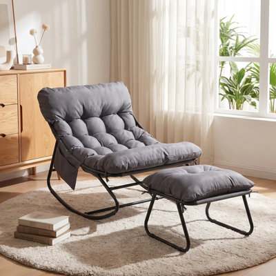 Outdoor/Indoor Papasan Rocking Chair with Ottoman, Lounge Chair with Cushion & Sturdy Metal Frame, Patio Rocker Chair for Balcony Backyard Porch Bedroom, Dark Gray