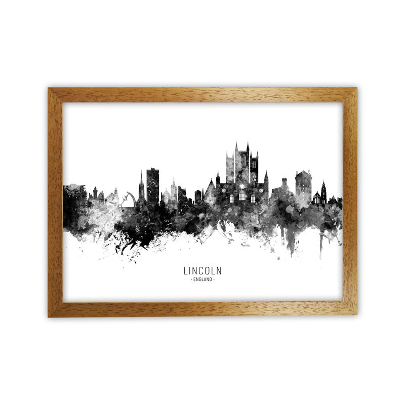Lincoln England Skyline Black White City Name by Michael Tompsett - 1 Piece Wall Art, 34cm H x 46cm W x 3cm D, Brown Framed