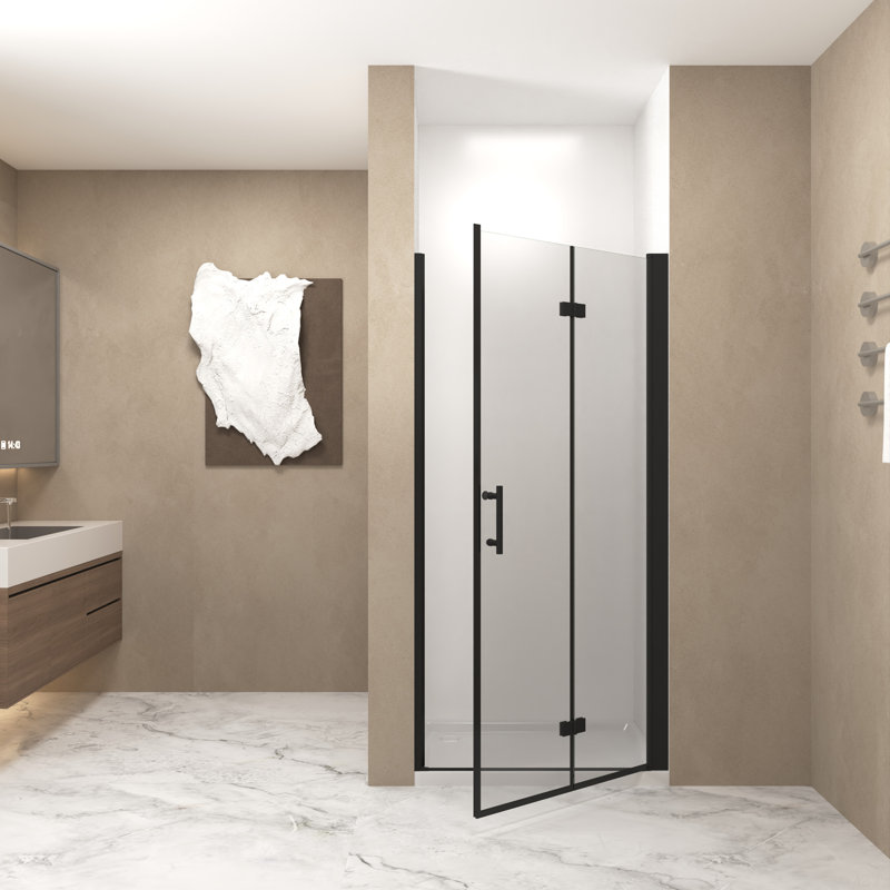 Bifold Shower Door, 1/4"(6Mm) Tempered Glass, Matte Black Aluminum Frame, Explosion Proof Film
