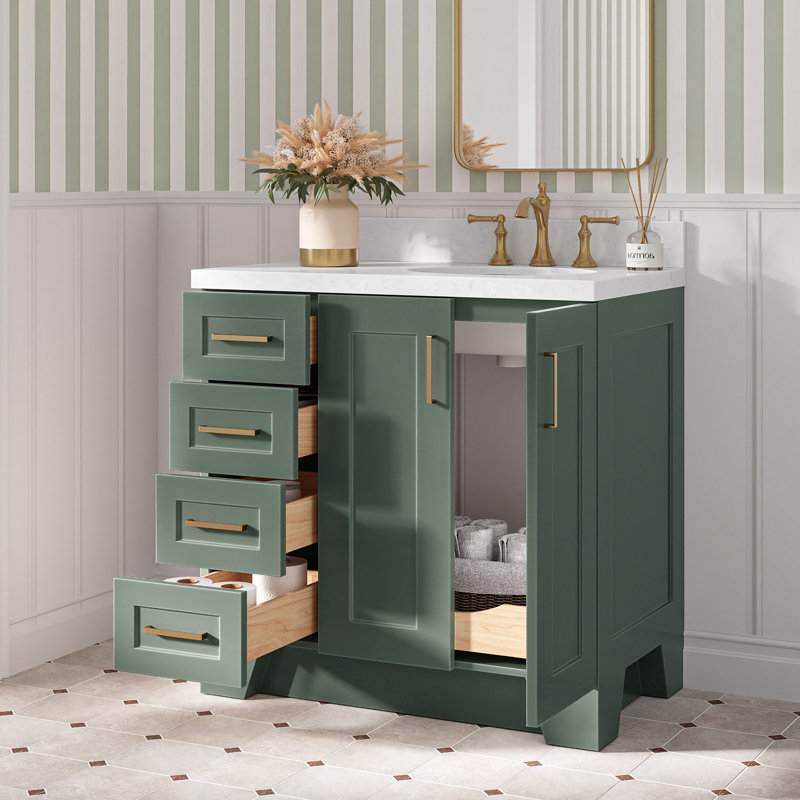 Freitas 36'' Solid Wood Single Bathroom Vanity in Vintage Green with 1.5'' Carrara White Quartz Top, Right Offset, Oval Sink