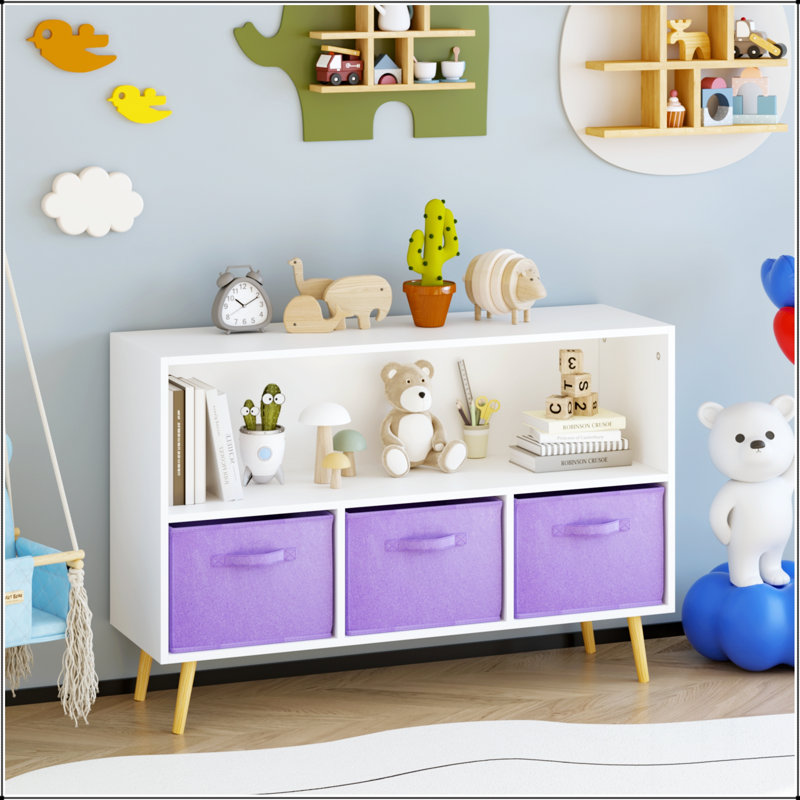 Bibliothèque pour enfants avec tiroirs en tissu pliables, présentoir à livres et armoire de rangement pour jouets, blanc / mauve