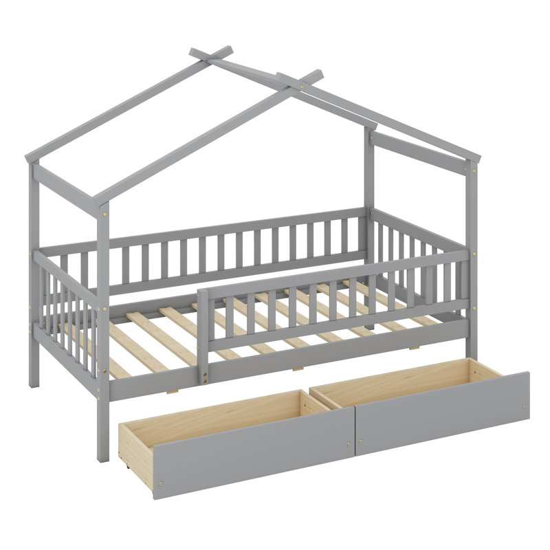 Lit en bois avec deux tiroirs, Gris