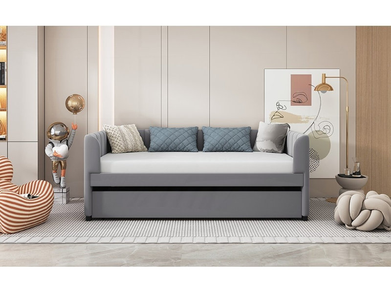 Lit de jour simple rembourré avec dossier ergonomique Lit gigogne simple, aucun sommier requis, gris, gris