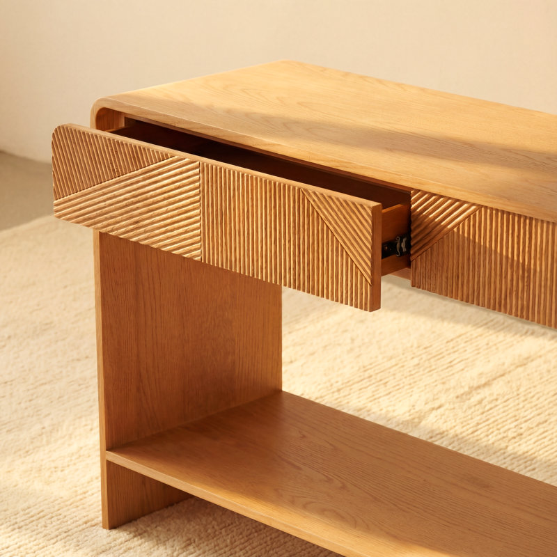 VISTA 60" White Oak Console Table with Sculpted Slat Detailing & Chevron Apron – Natural, Naturel