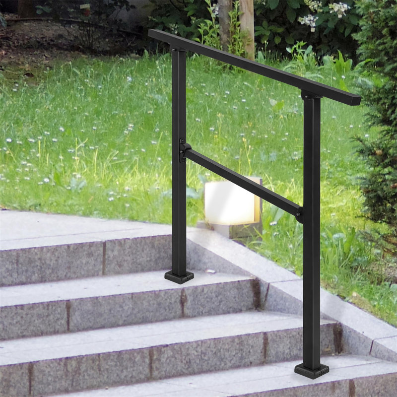 Wrought Iron Handrail, Step Handrails For Outdoor Steps Fit 2 To 3 Steps, Adjustable Porch Railing Transitional Rail With Installation Kit For Concrete Steps Or Wooden Stairs (Black)