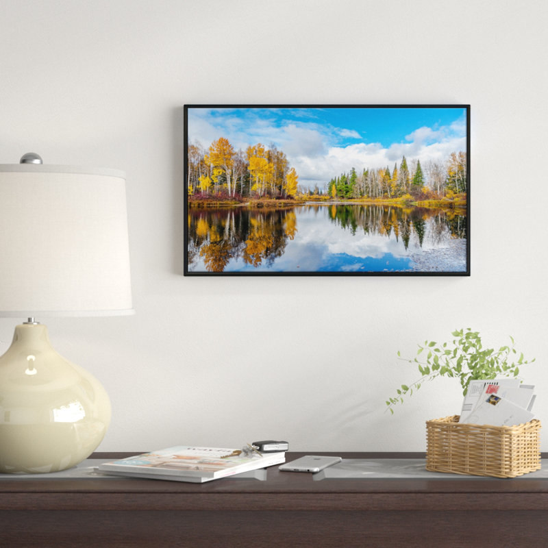 Nice Autumn Trees With Forest Lake - Print on Canvas, 12" H x 20" W x 1" D, Black Framed
