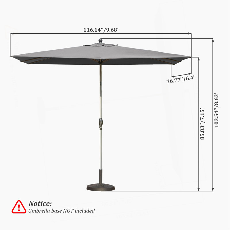Parasol de patio rectangulaire avec fonction de levage et d'inclinaison à manivelle (base non incluse), Gris