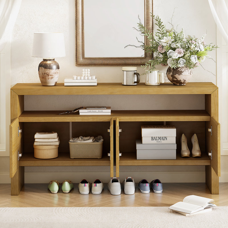 Buffet 60 po à 4 portes, placage en bois massif minimaliste moderne avec tablette ouverte, grain de bois naturel, console de rangement de grande capacité pour le salon, le couloir, la salle à manger (noir / naturel)