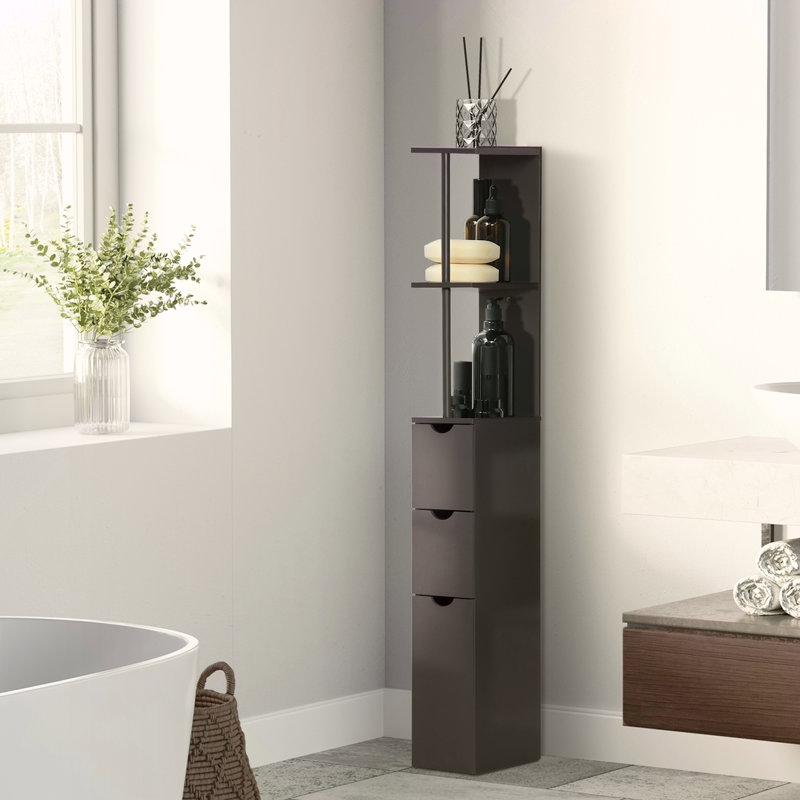54" Tall Bathroom Storage Cabinet, Freestanding Linen Tower with 2-Tier Shelf and Drawers, Narrow Side Floor Organizer, Brown