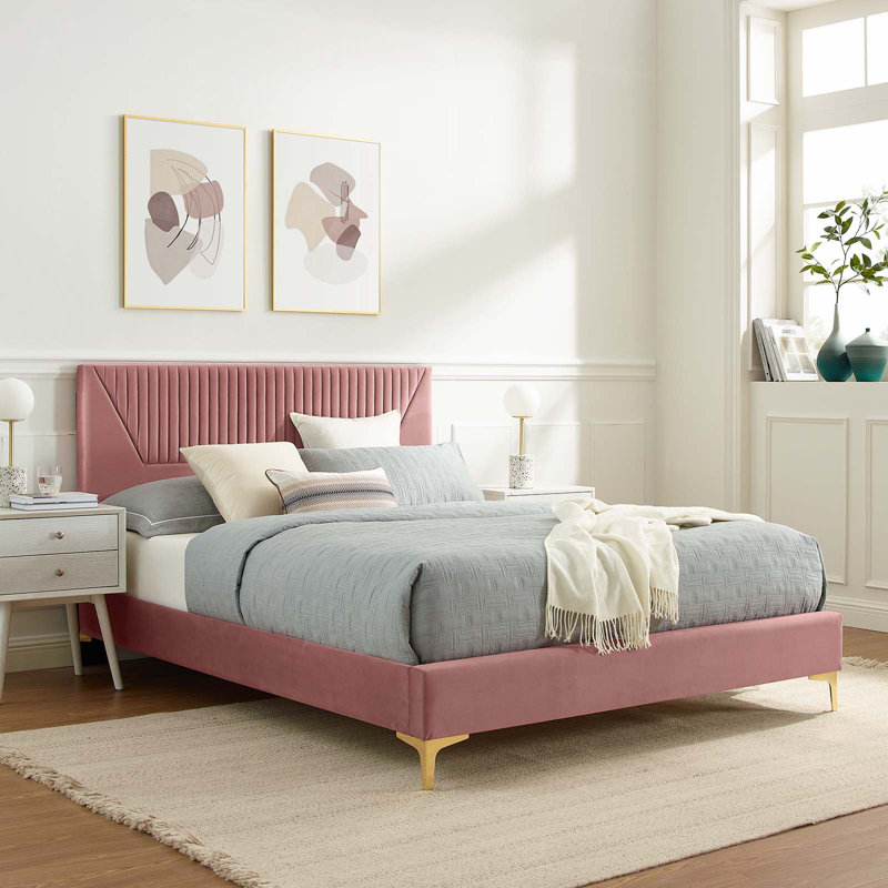 Lit plateforme en velours Yasmine Channel, Double, Rose