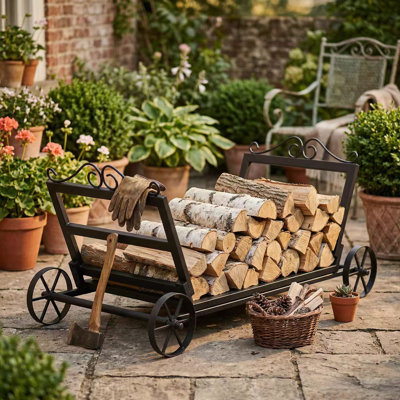 Mobile Metal Firewood Log Rack with Wheels Indoor/Outdoor