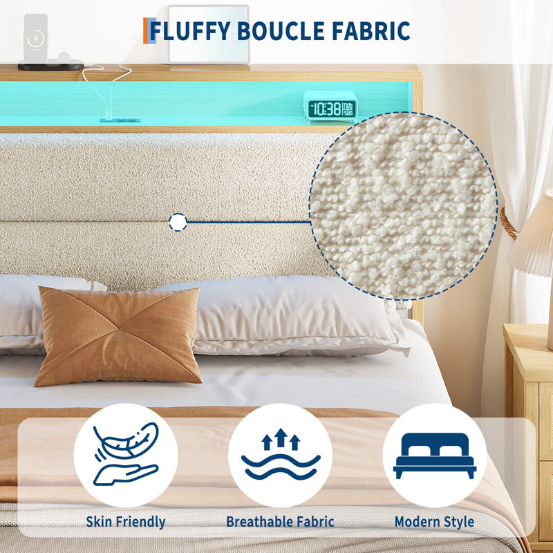 Full Size Boucle Bed Frame with Headboard and LED Lights, Upholstered Platform Bed Frame with Charging Station and 2-Tier Storage Shelves, No Box Spring Needed, Easy Assembly, Cream