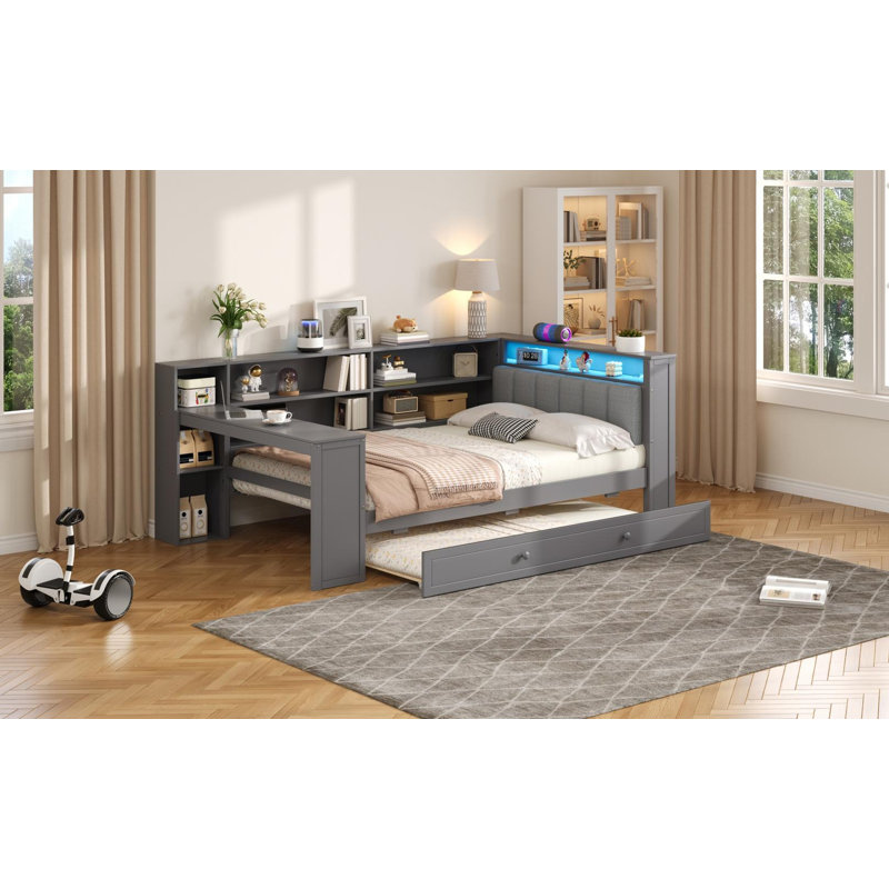 Twin Size Platform Bed with Storage Shelves, Trundle, Charging Station, LED, Desk and Upholstered Headboard, Gray