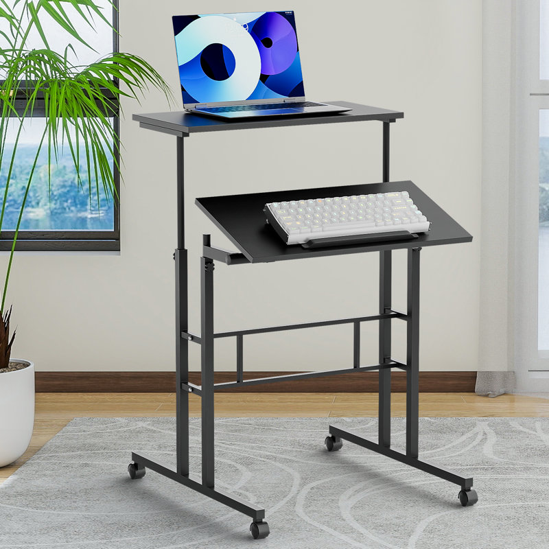 Adjustable Rolling Computer Desk Mobile Tiltable Laptop Tray with Shelf, Black