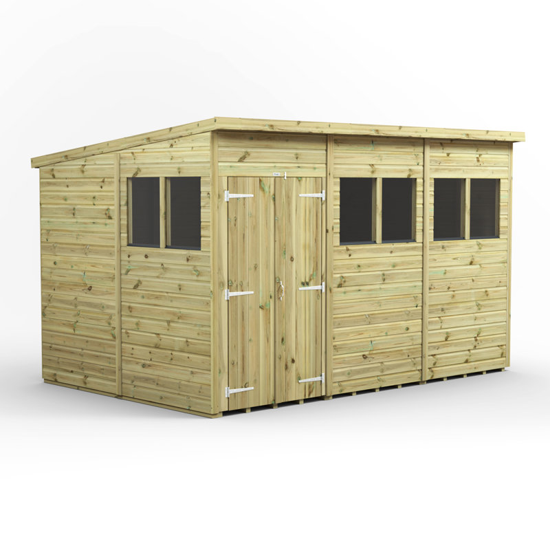 Powersheds 12 x 8ft Premium Pressure Treated Timber Pent Garden Shed, Double Doors