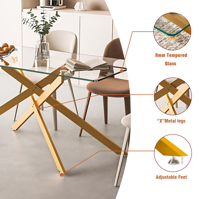 Glass Dining Table for 6, Modern 60" Rectangular Kitchen Dining Room Table for 4-6 with X-Shape Metal Base Large Clear Glass Top Dining Tables for Home Kitchen