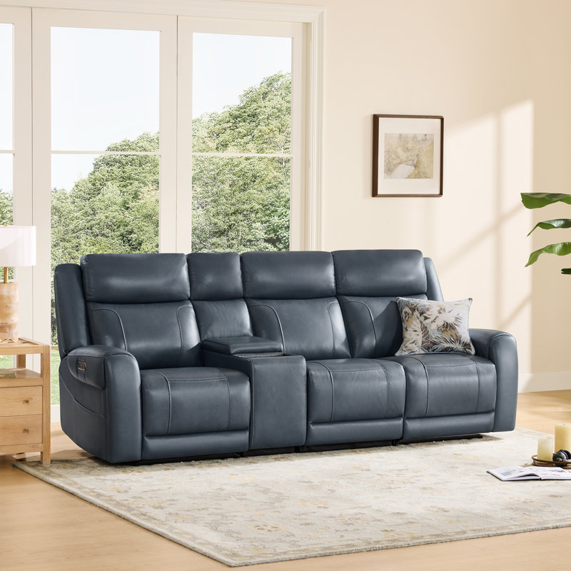 3-Seat Dual Motor Genuine Leather zero clearence recliner Power Recliner Sofa With Power Headrest And Console, Navy