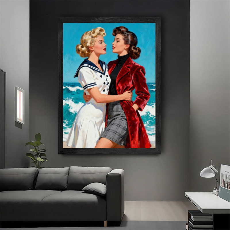 Reproduction d'art encadrée noire rétro, bord de mer, rétro, portrait de plage, H 17 po x l 13 po