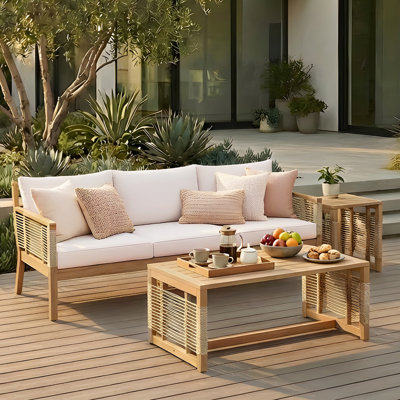 Rustic 3-Piece Outdoor Conversation Set With Hand-Woven Rope And Water-Repellent Cushions