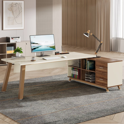 71" W L-Shaped Desk with Drawers and File Cabinet, Modern Executive Office Desk