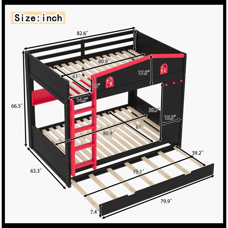 Lit superposé grand sur grand avec lit gigogne et tablettes de rangement, lits superposés en bois massif avec crochets, aucun sommier nécessaire, noir et rouge