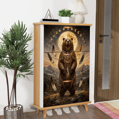 Shoe Storage Cabinet with 3 Flip Drawers for Mystical Bear Tribal Attire Under Moon Phases Feathers Mountain Shoe Rack Storage Organizer