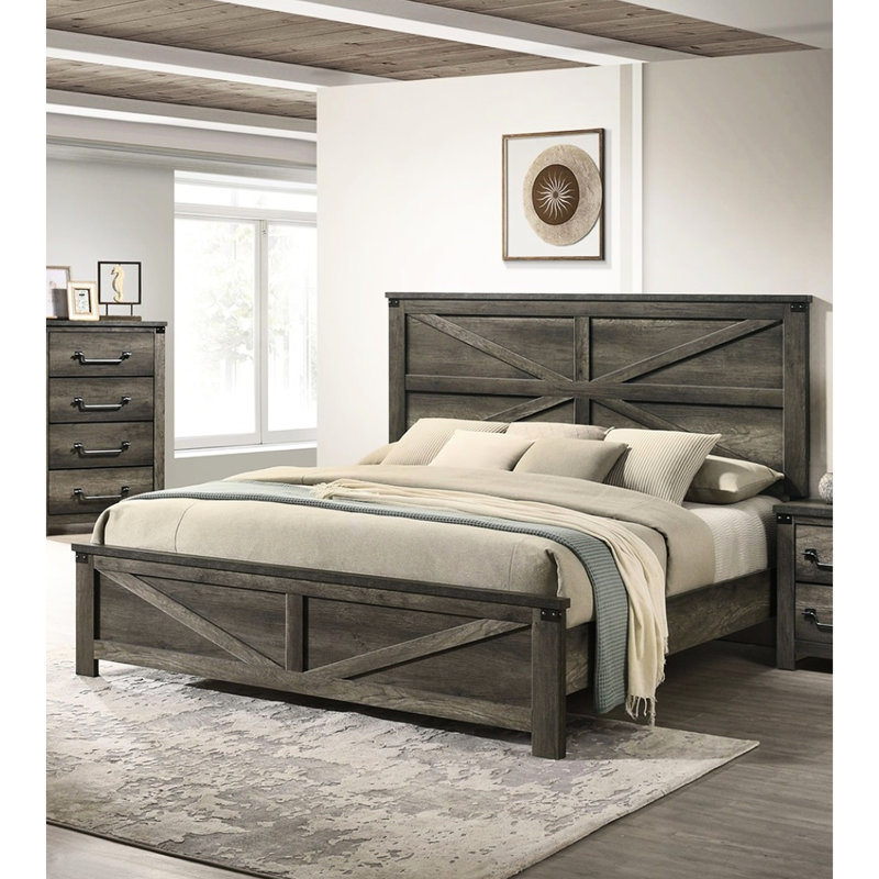 Grand lit rustique gris avec détails en métal et bois d'hévéa, tête de lit en bois d'ingénierie, cadre de chambre à coucher moderne avec style, papier, simple