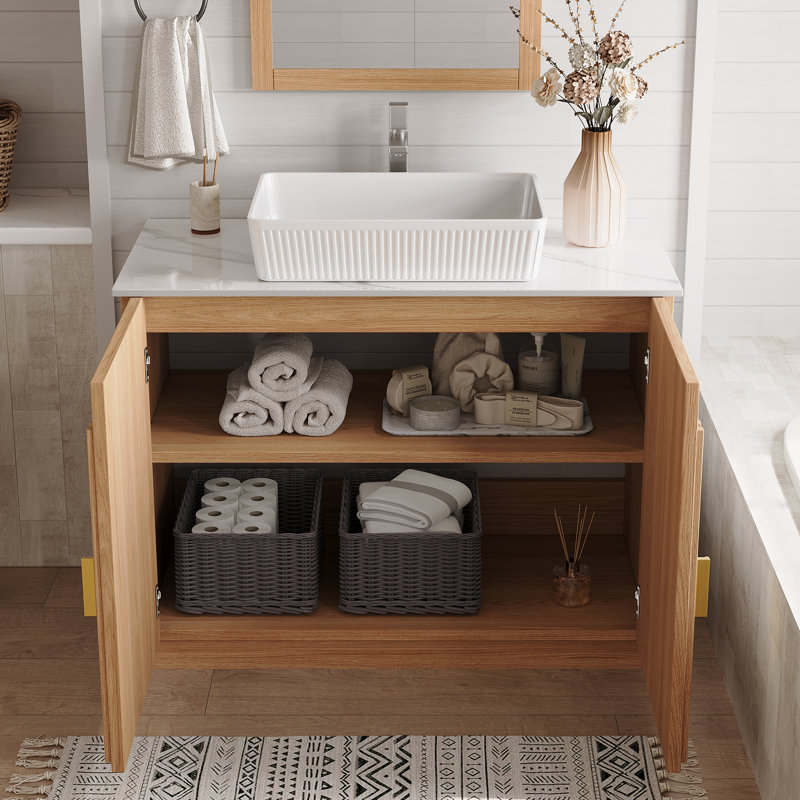 36" Single Bathroom Vanity With Stone Countertop And Sink, White, Natural Wood