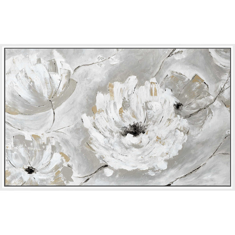 «Silver Sun Garden» par - Peinture, Cadre flottant blanc, H 39,5 po x l 63,5 po x P 2 po