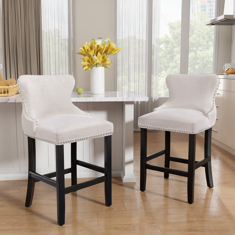 Ensemble de 2 tabourets de bar en velours avec dossier à oreilles en bois massif, Blanc