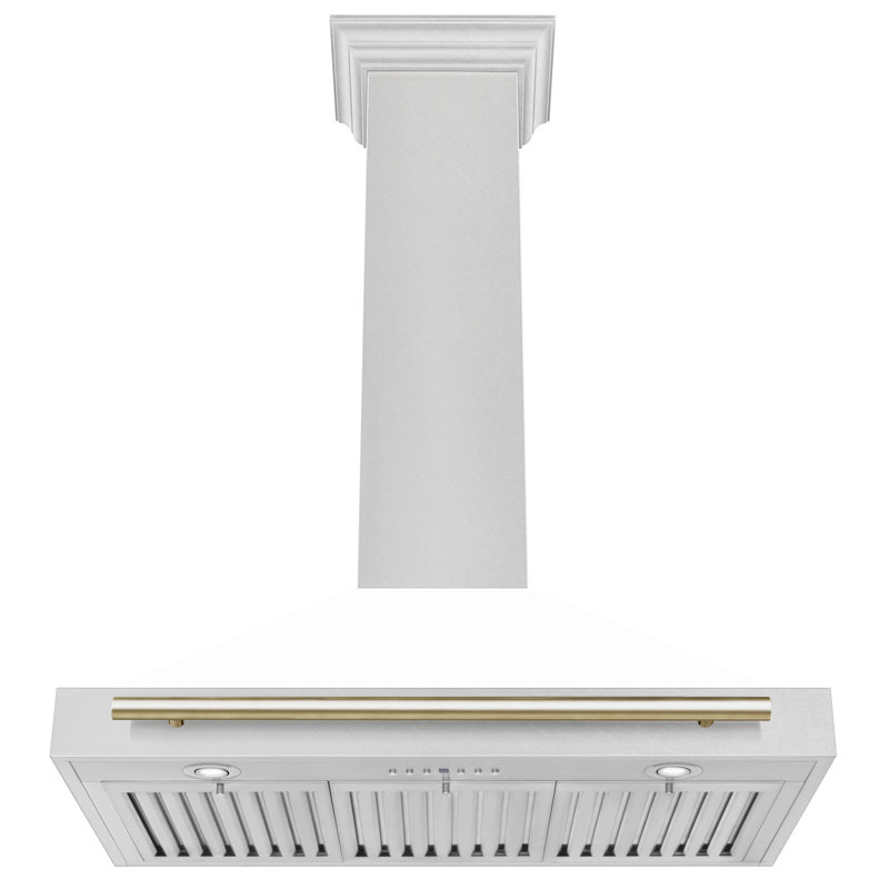 36" 400 CFM Ducted Wall Mount Range Hood, White Matte/Gold