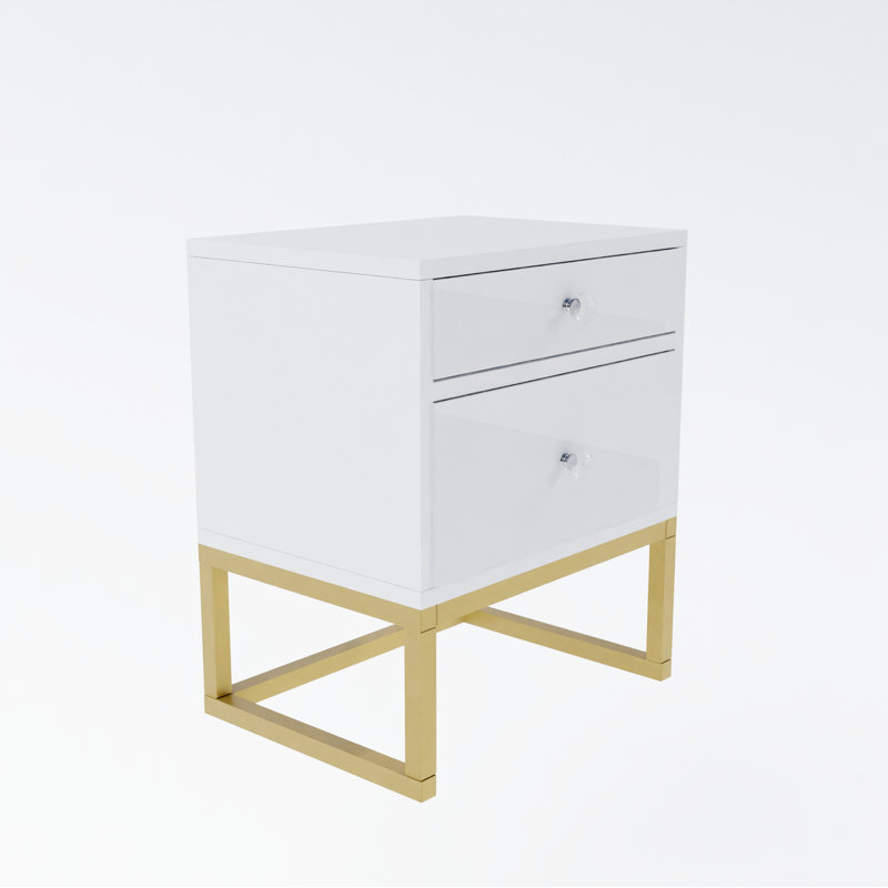 Mekenna 40cm W Metal Bedside Table, Glossy White/Gold