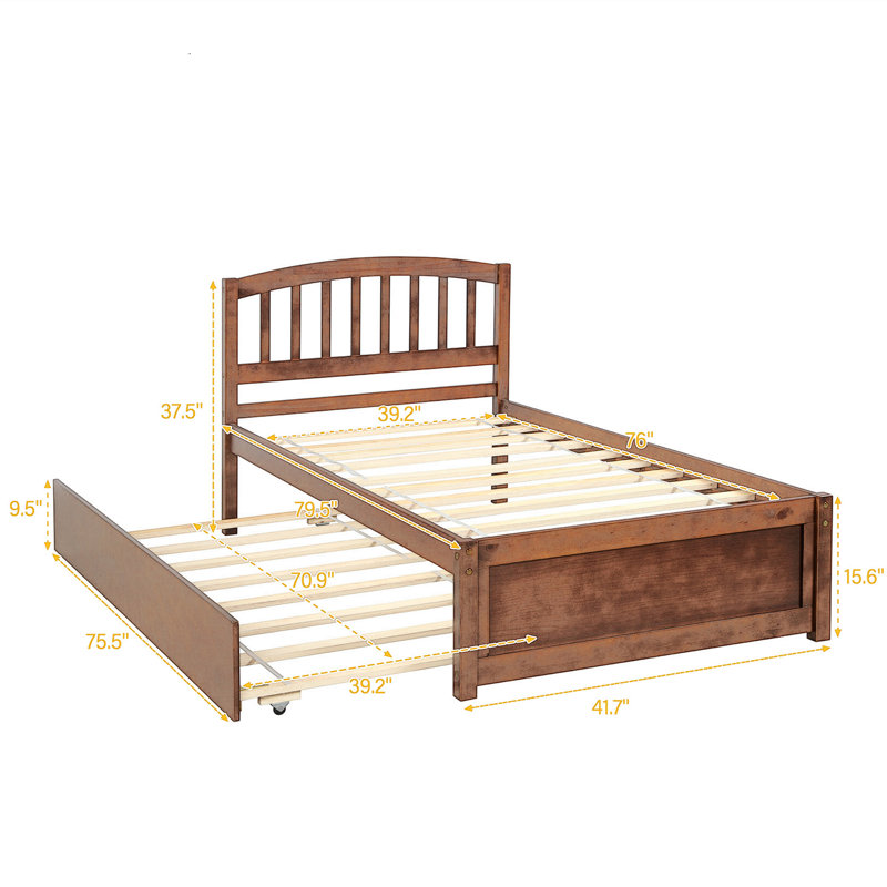 Lit plateforme simple avec lit gigogne Gainesville, Noyer