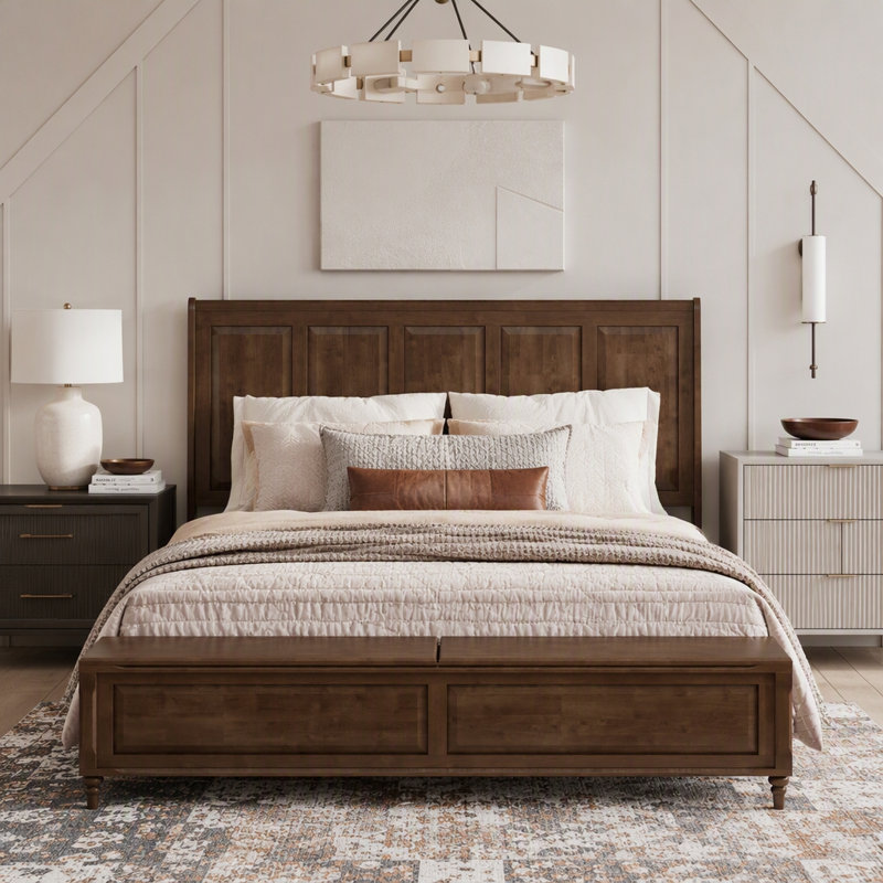 Solid Wood High Headboard Sleigh Bed with 64" Storage Space, King, Walnut Brown