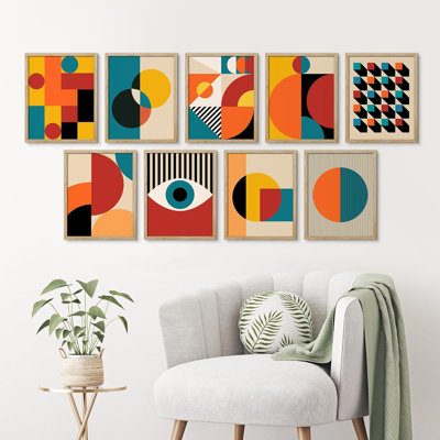 " Colorful Geometric Abstract Shapes Poster Mid Century Modern Wall Art Minimalist Decor " 9 - Pieces